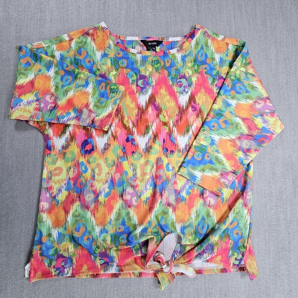 Ali Miles Women's Abstract 3/4 Sleeve Tie Front Blouse Top Sz Medium M